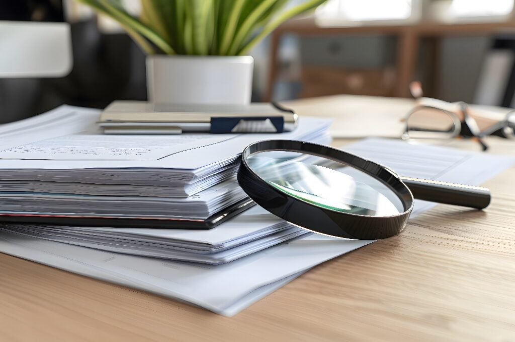 Nahaufnahme eines ordentlich geordneten Stapels von Versicherungsunterlagen mit einem Vergrößerungsglas oben drauf, das Professionalität und Liebe zum Detail in einer modernen Büroumgebung zeigt.