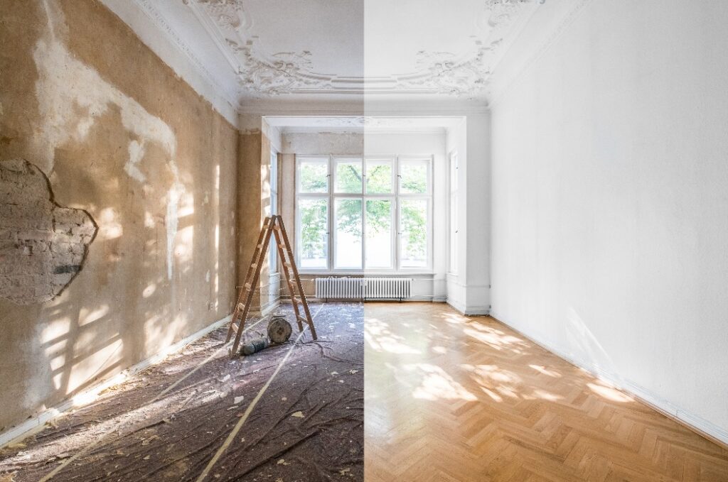 Wohnungsrenovierung – leerer Raum vor und nach der Sanierung